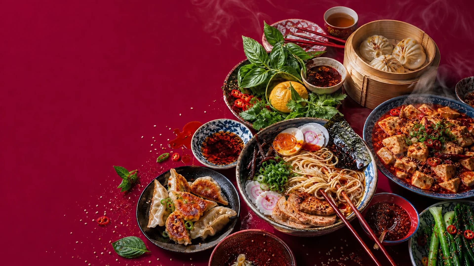 Asiatisk festmåltid på ett rött bord