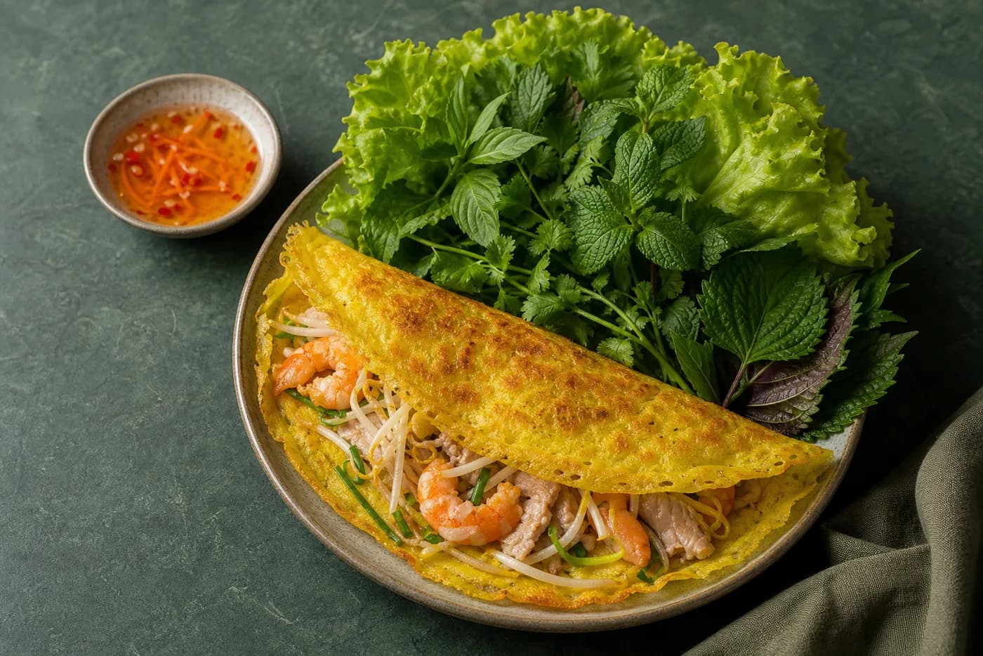 Vietnamesisk bánh xèo – Tunn, frasig rismjölspannkaka med räkor, fläsk och böngroddar, serverad med örter och dippsås.