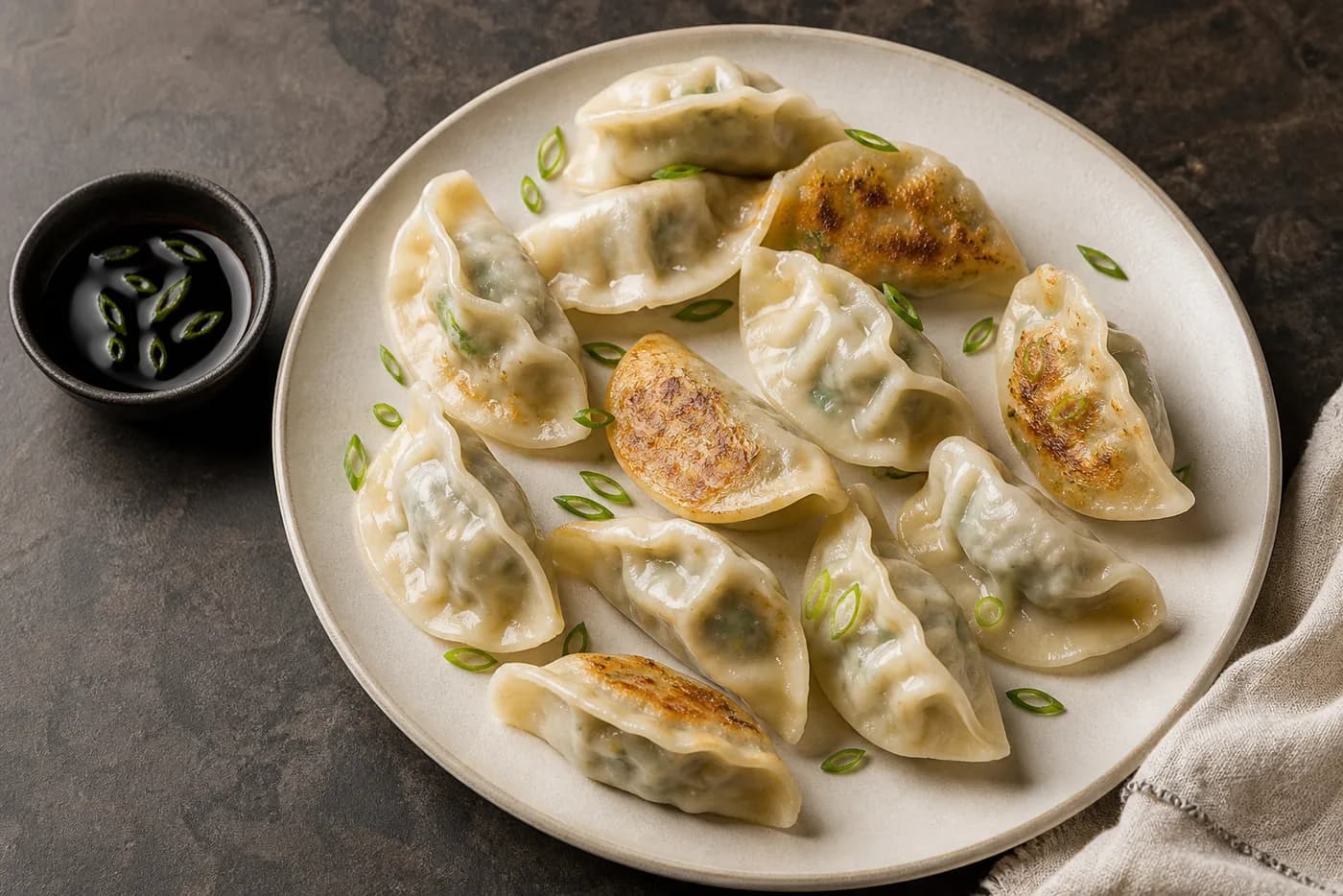 Jiaozi – kinesiska dumplings – Saftiga fläskdumplings med kinakål eller gräslök, vikta för hand och kokta eller stekta.