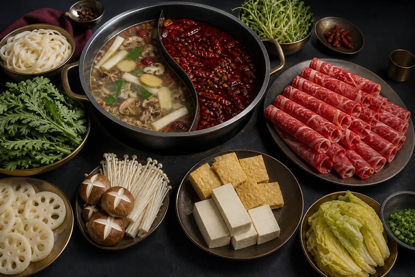 Sichuan-hotpot – En ångande, kryddig buljong där alla runt bordet tillagar tunt kött, tofu och grönsaker.